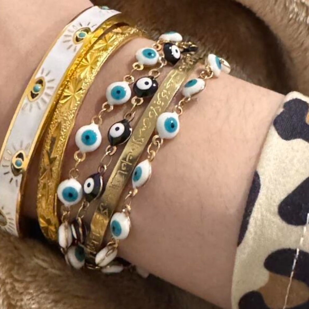 Turkish Evil Eye Gold Plated Stainless Steel Bangle Bracelet - Picture 4 of 5